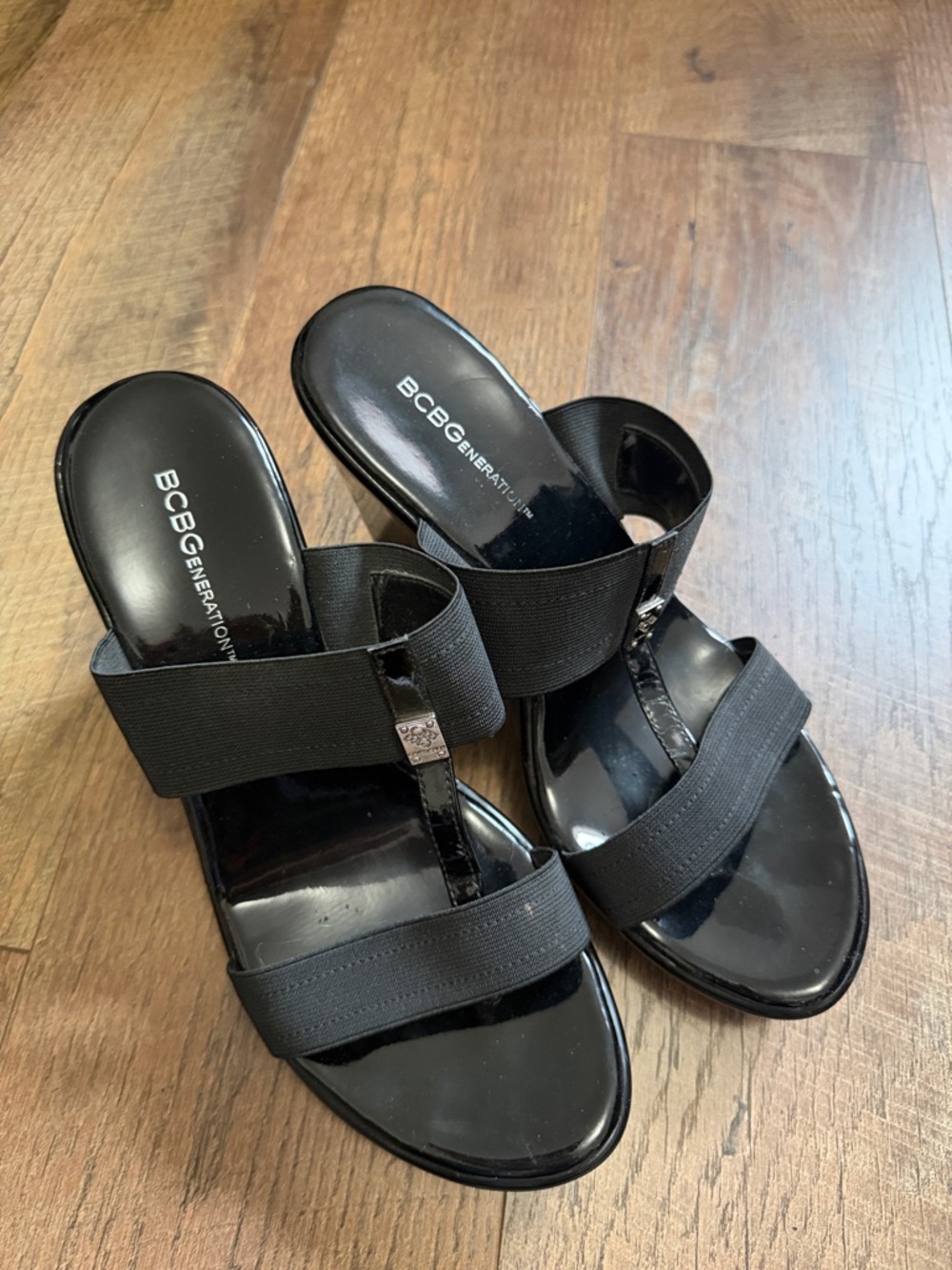 BCBGeneration Black Elastic Double-Strap Slide Mules